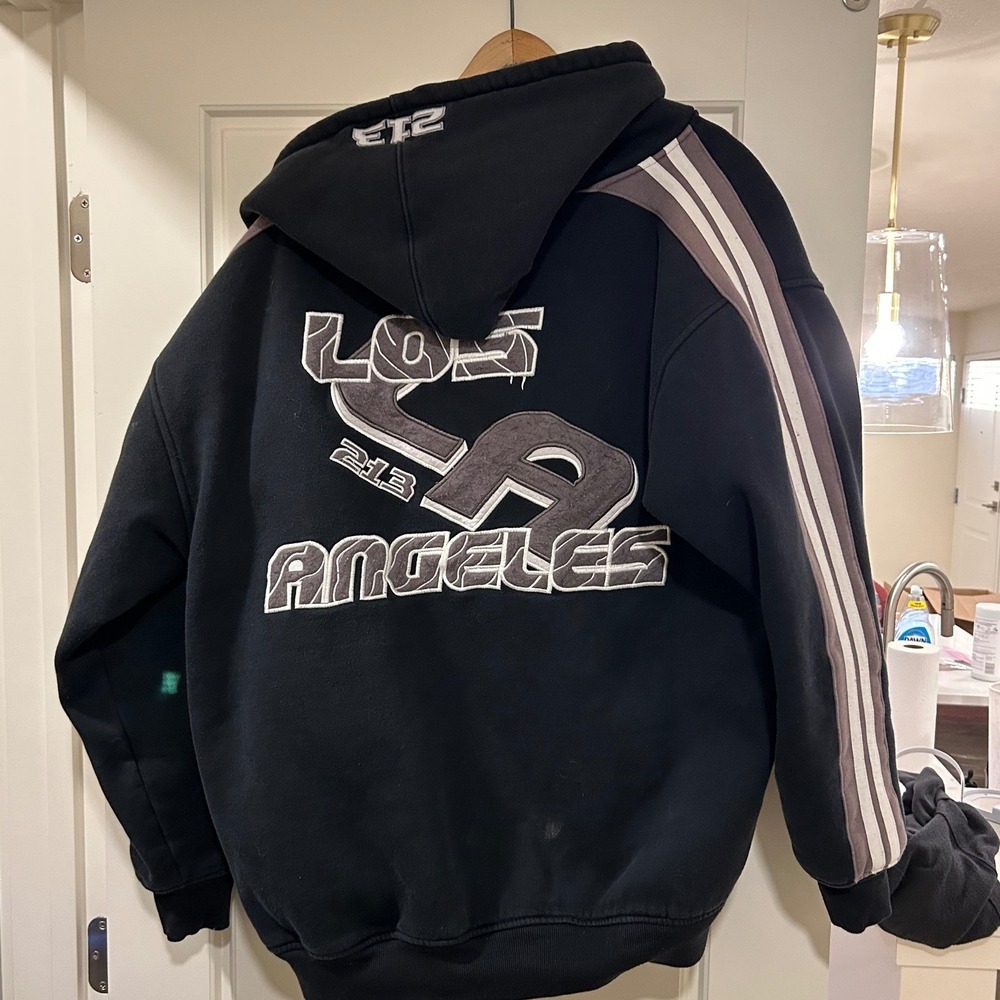 Y2K Los Angeles 213 Quilted Zip Up Hoodie Black Mens Streetwear XL Oversized